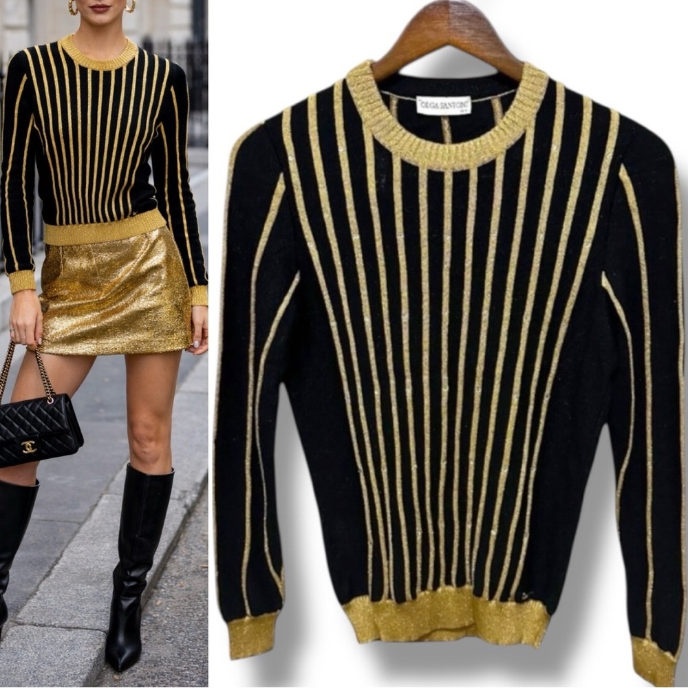 Olga Santoni |NWOT Spain Black Gold Metallic Striped Sweater Long Sleeve Top (8)